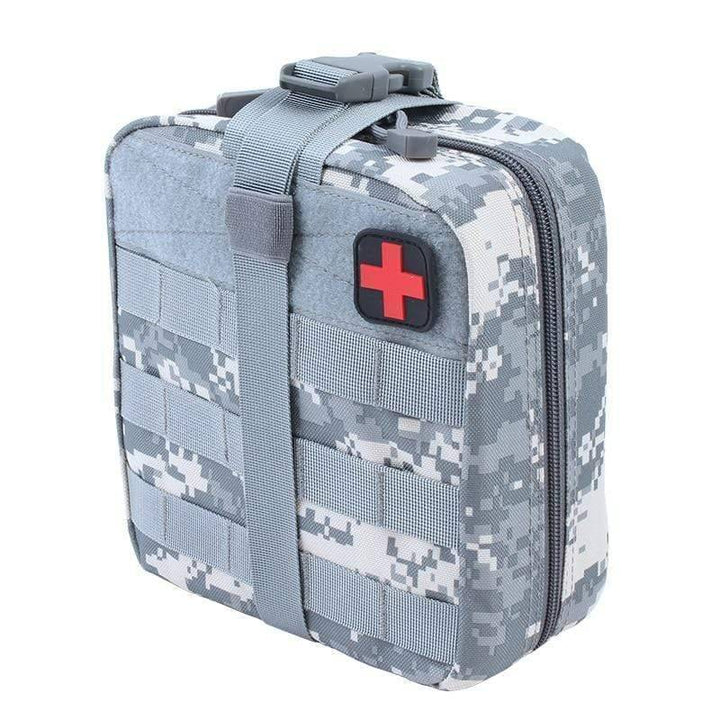 Durable olive green MOLLE first aid pouch, open with medical supplies visible for survival scenarios.