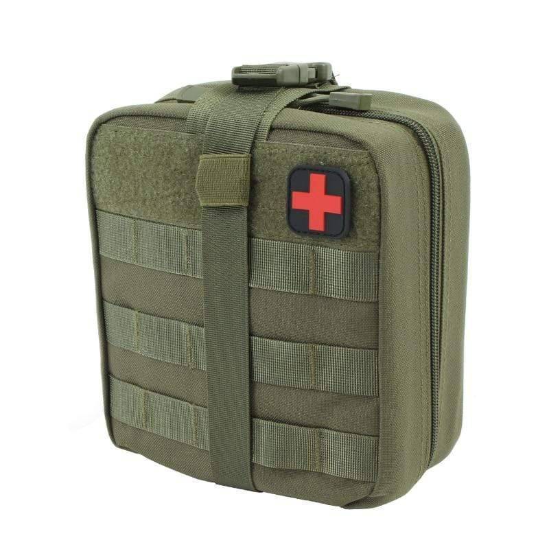 Black MOLLE survival first aid pouch attached to a backpack, demonstrating its versatile carry options.
