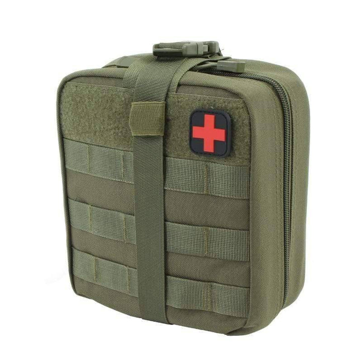 Black MOLLE survival first aid pouch attached to a backpack, demonstrating its versatile carry options.