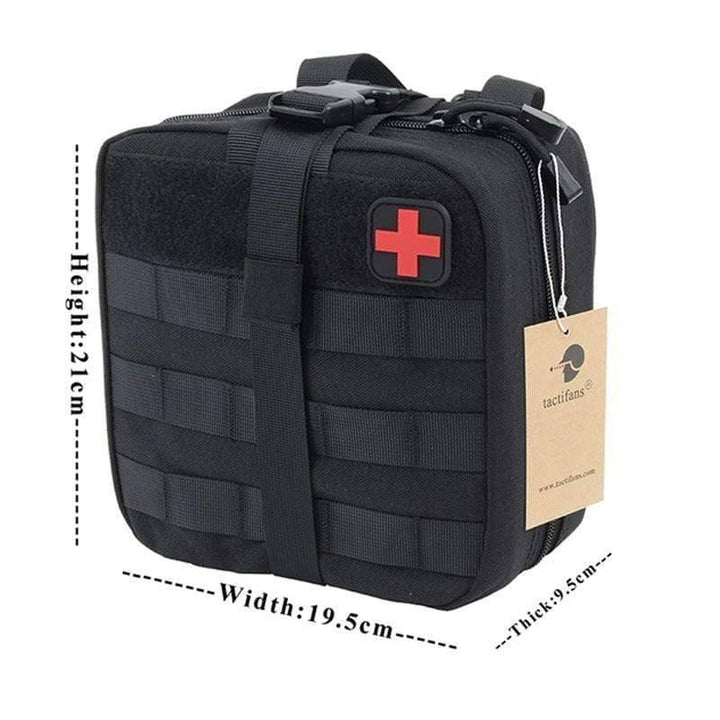 First aid pouch for tactical use, featuring multiple compartments, essential for organizing emergency gear.