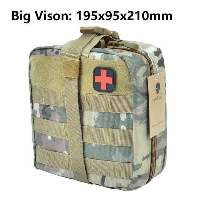 Emergency medical MOLLE pouch in camouflage, designed for rugged outdoor and survival environments.
