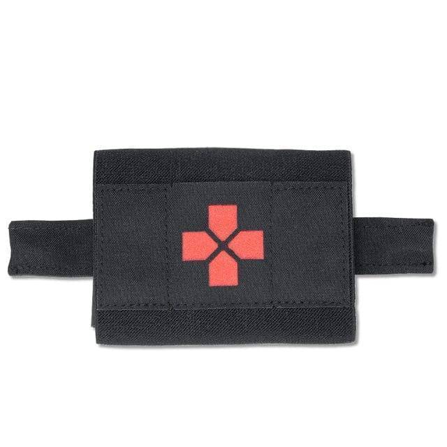 Tactical MOLLE medical pouch attached to backpack, ready for outdoor emergency first aid