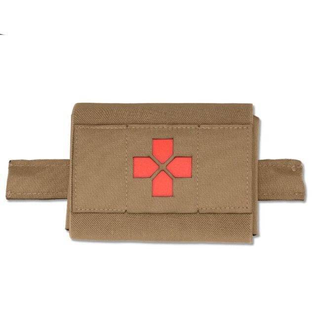 Close-up of MOLLE webbing on tactical medical pouch, robust first aid survival gear