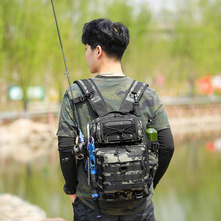 Tactical multi-pocket fishing tackle storage bag, waterproof, camo, for angler gear