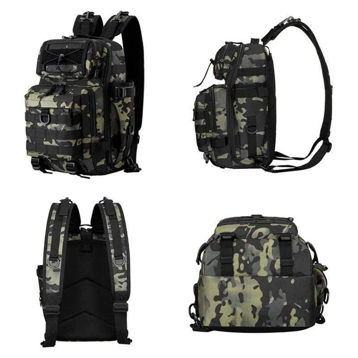 Fishing backpack with multiple pockets for tackle storage, outdoor equipment