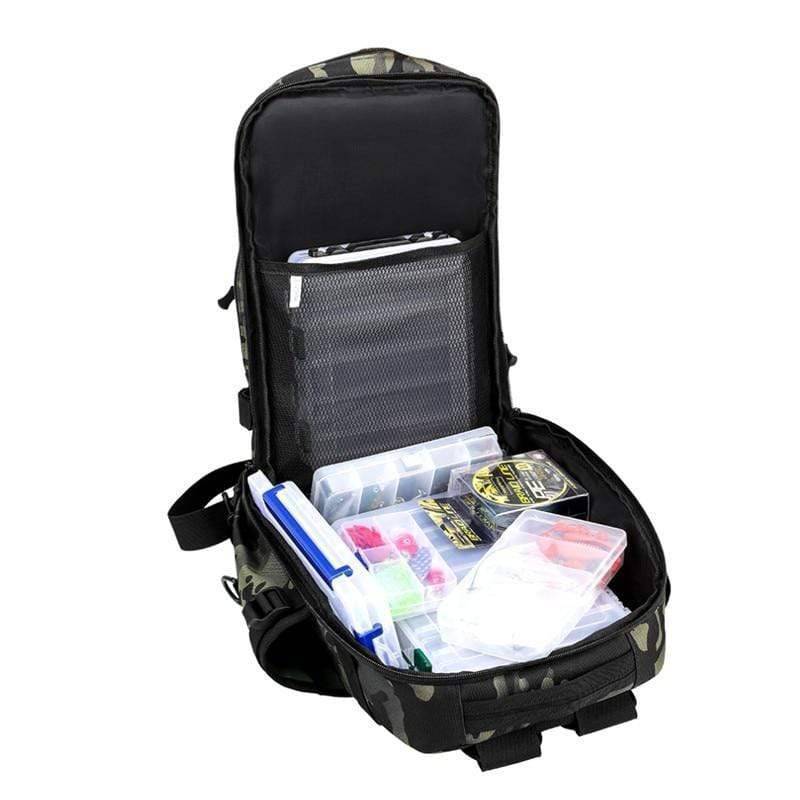 Waterproof fishing bag, khaki camo, for organizing angler gear and accessories