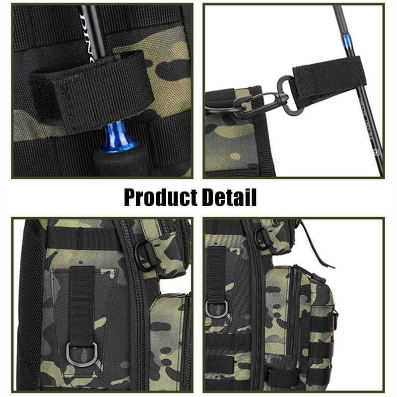 Close-up of tactical fishing tackle bag's spacious main compartment and zippers