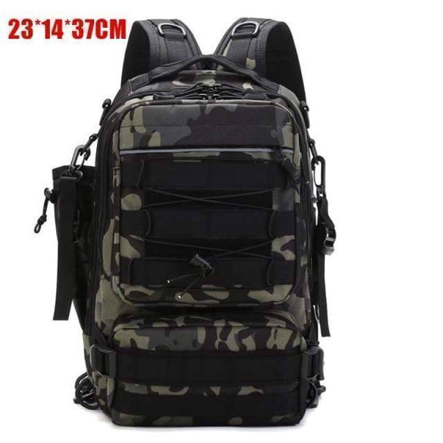 Overhead shot of multi-pocket fishing bag detailing storage compartments and straps