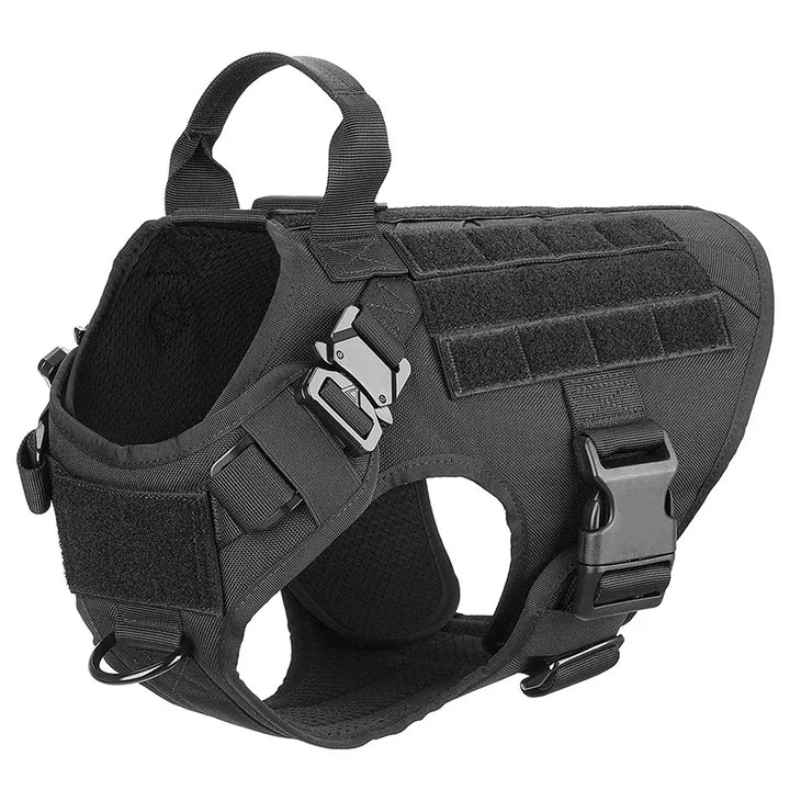 Black tactical no-pull dog harness with reflective trim for night safety