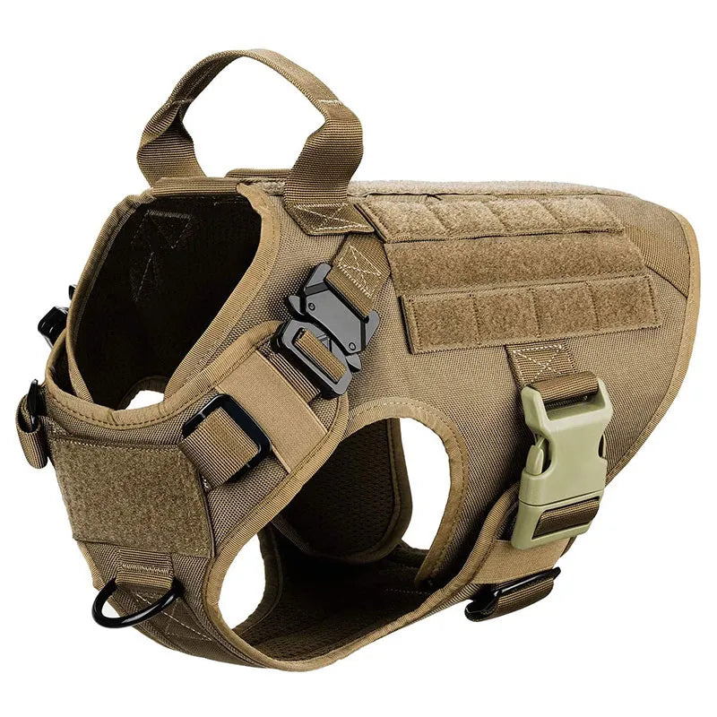 Robust tactical dog harness, tan, designed for professional K9 handlers