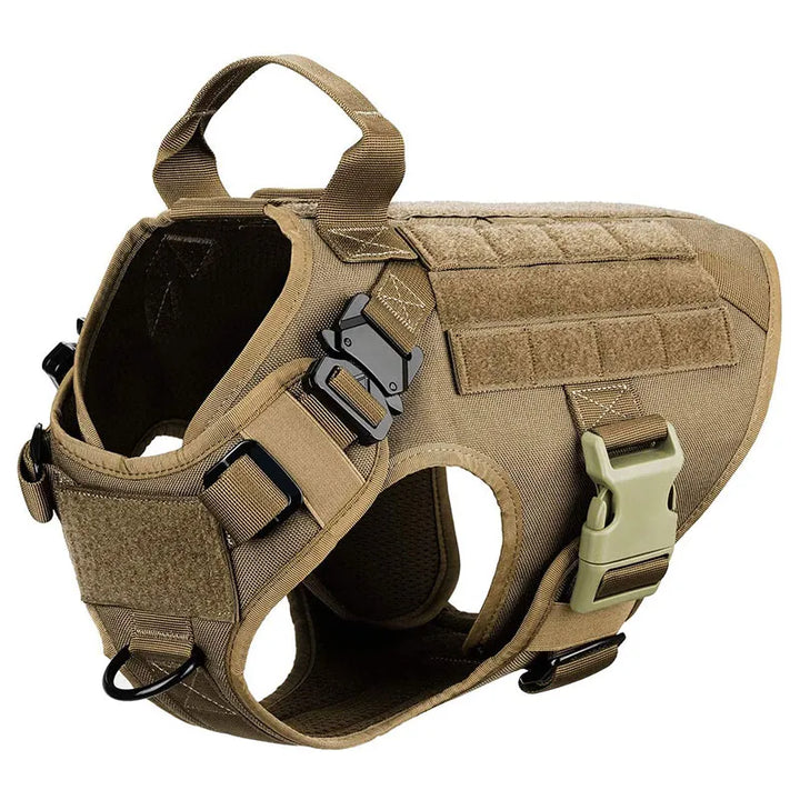Robust tactical dog harness, tan, designed for professional K9 handlers