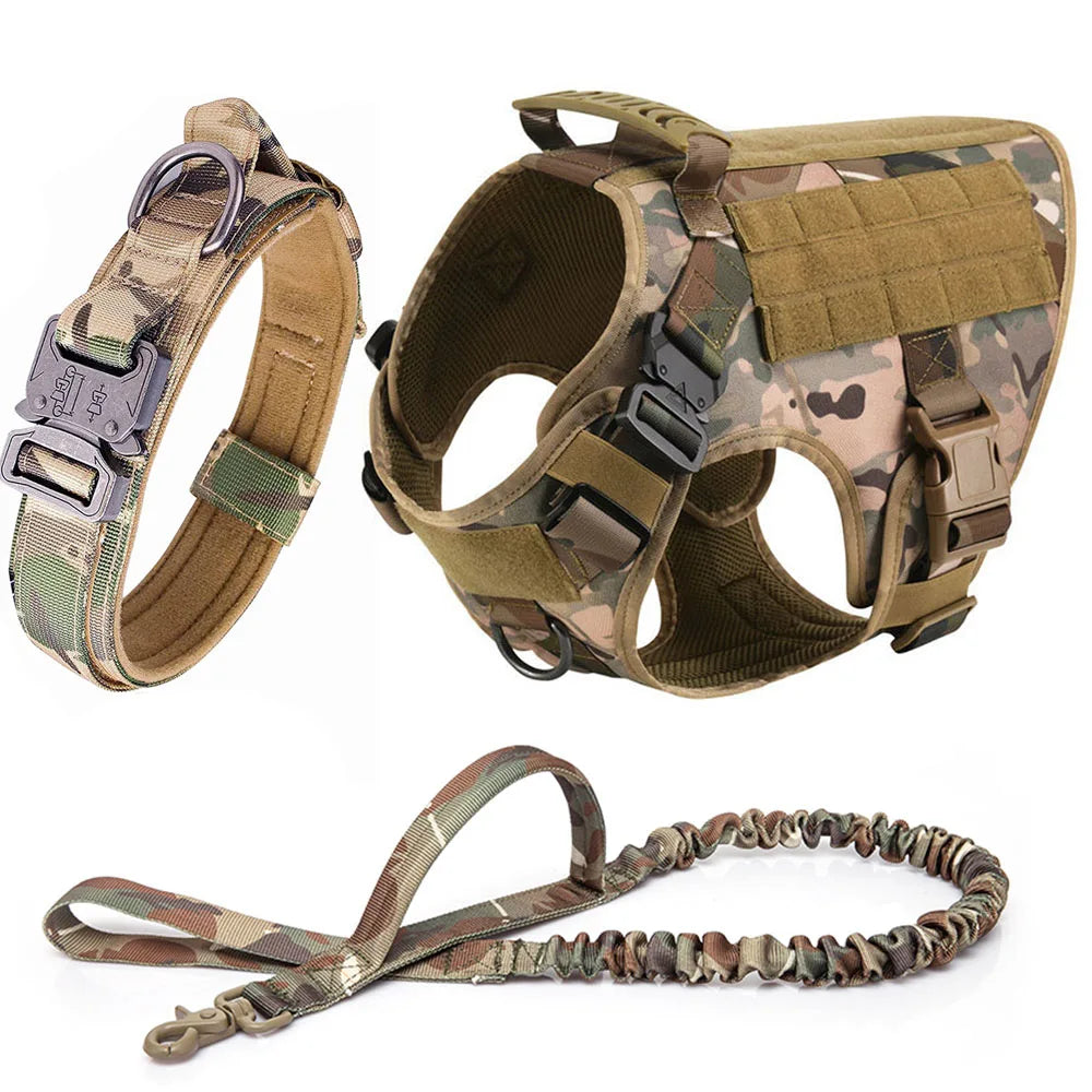 Descriptive image of a tactical no-pull dog harness with all features visible
