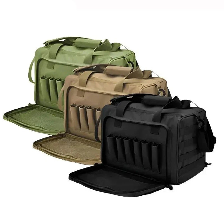 Tactical outdoor range bag for men, black nylon, front view with Molle system for shooting gear.