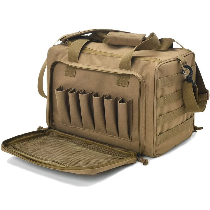 Water-resistant tactical duffle bag for shooting, shown at a gun range with various firearms.
