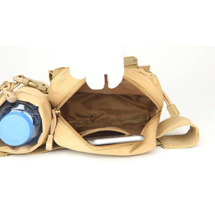 Close-up of tactical water bottle pouch, showing durable nylon fabric and secure phone pocket for hiking.