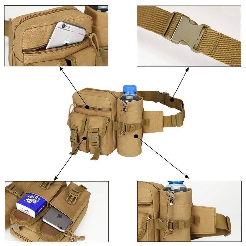 Tactical outdoor pouch in a forest setting, holding a water bottle and smartphone, essential camping gear.