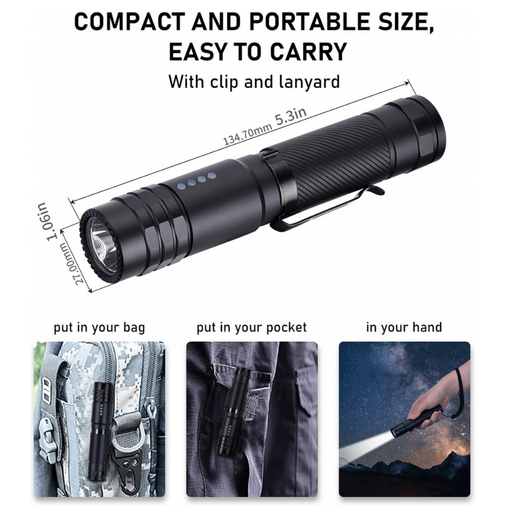 Bright 2000 lumen compact tactical flashlight with pocket clip for easy everyday carry.