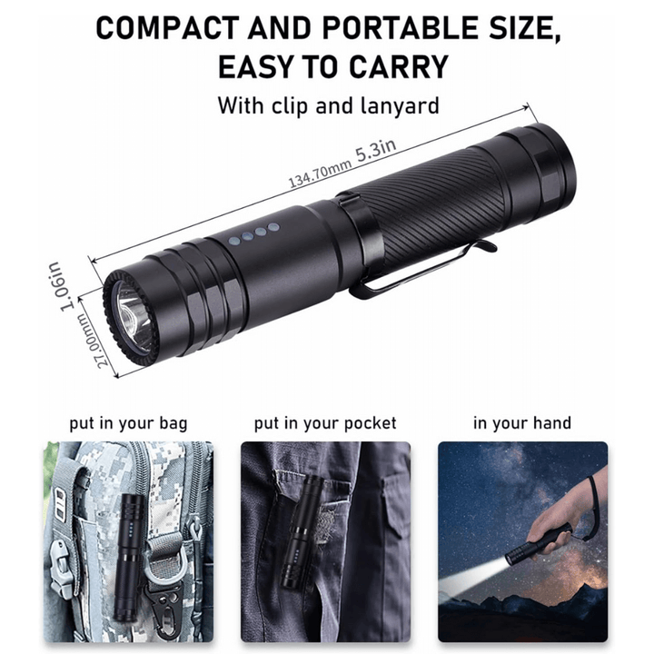 Bright 2000 lumen compact tactical flashlight with pocket clip for easy everyday carry.
