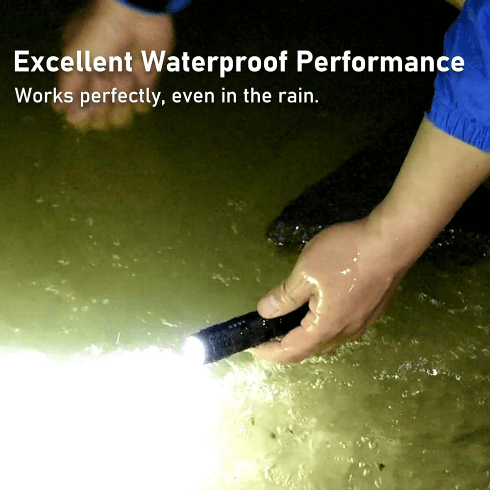 Heavy-duty tactical pocket flashlight, 2000LM, perfect for camping, hiking, and emergency kits.