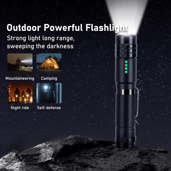 Pocket-sized tactical flashlight, 2000 lumens, with lanyard hole, essential outdoor gear.
