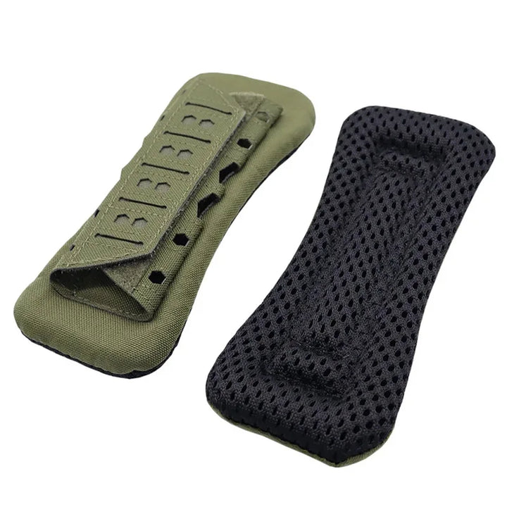 Pair of black tactical shoulder pads with soft mesh, designed for backpack straps & vest comfort.