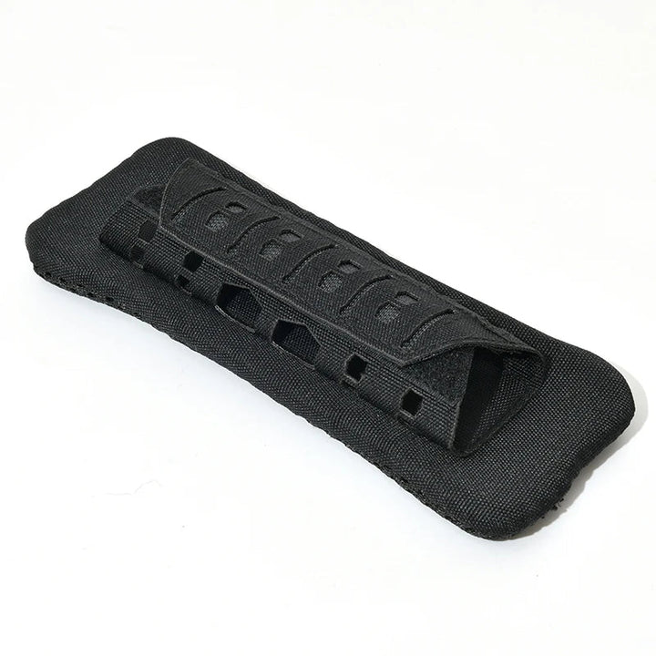 Tactical shoulder pads, black, designed to universally fit backpack & vest straps for outdoor gear.