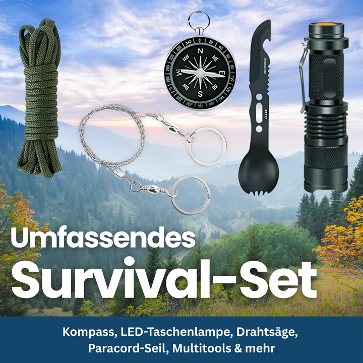 Open tactical survival kit revealing multiple tools, multifunctional for camping, hiking, & outdoor use