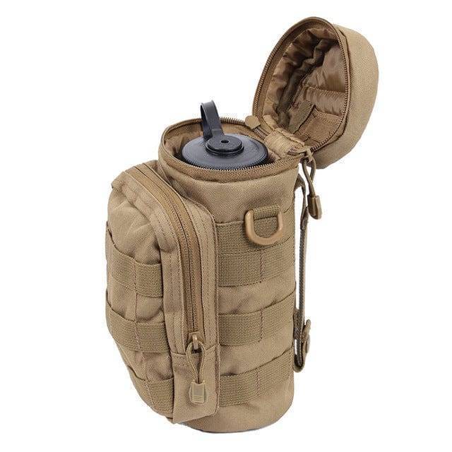 Military-inspired tactical water bottle carrier, keeping your drink secure on any outdoor trip.