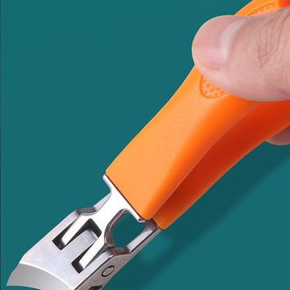 "Tagliaunghie extra-largo ergonomico in acciaio, nero e arancione, per unghie spesse e incarnite, con apertura 15 mm."