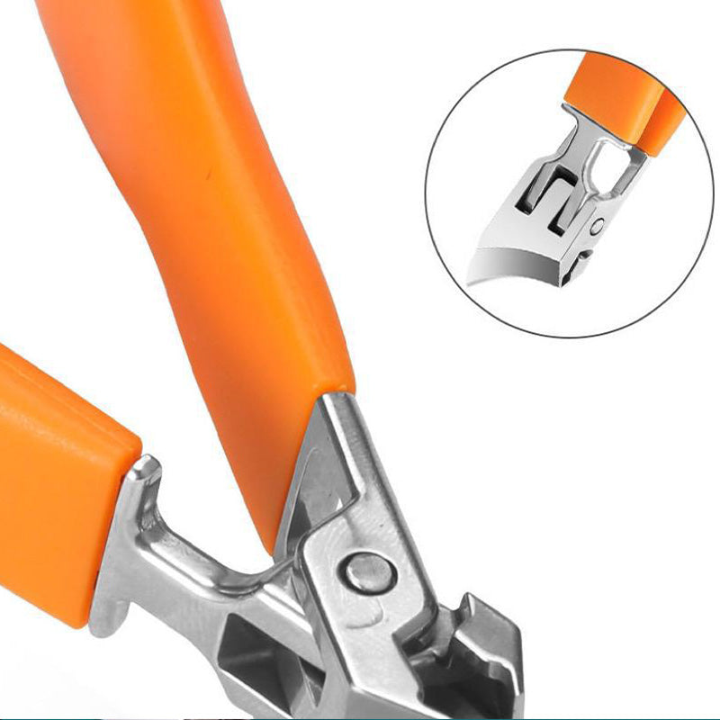 "Tagliaunghie extra-largo ergonomico in acciaio, nero e arancione, per unghie spesse e incarnite, con apertura 15 mm."
