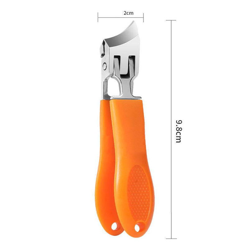 "Tagliaunghie extra-largo ergonomico in acciaio, nero e arancione, per unghie spesse e incarnite, con apertura 15 mm."