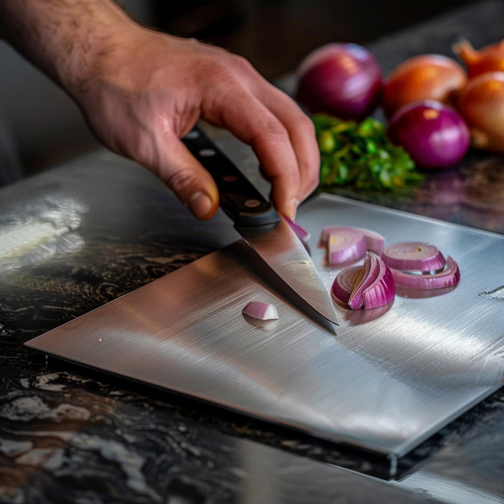 "Tagliere antibatterico sicuro e resistente, superficie non porosa, facile da pulire, gentile con i coltelli, uso in cucina."