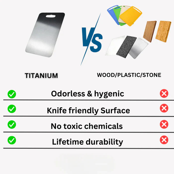"Tagliere in titanio antibatterico, resistente e igienico, elegante e moderno per cucina, non assorbe odori né batteri."