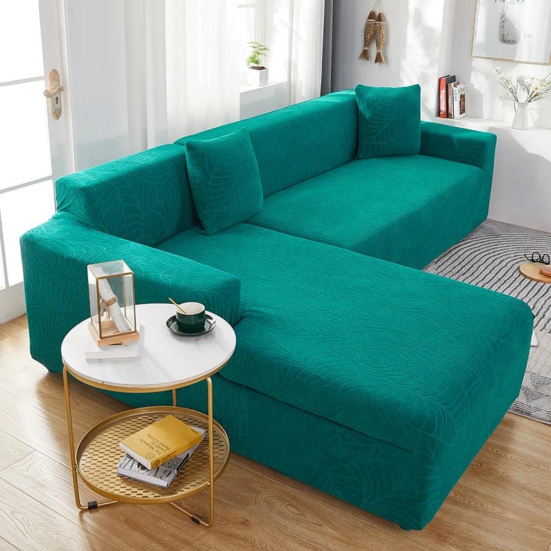 Pet-friendly L-shape sofa slipcover, a stretch polyester furniture protector for easy home updates.