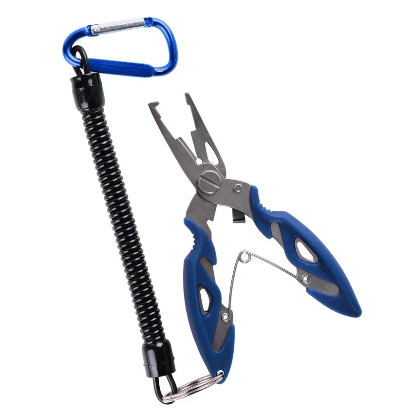 Close-up of fishing pliers showing integrated braid cutter and precision hook remover tip