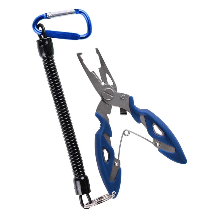 Close-up of fishing pliers showing integrated braid cutter and precision hook remover tip