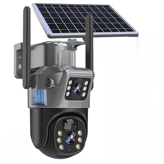 Telecamera di sicurezza 4K wireless con pannello solare, doppio obiettivo e design compatto per monitoraggio esterno.