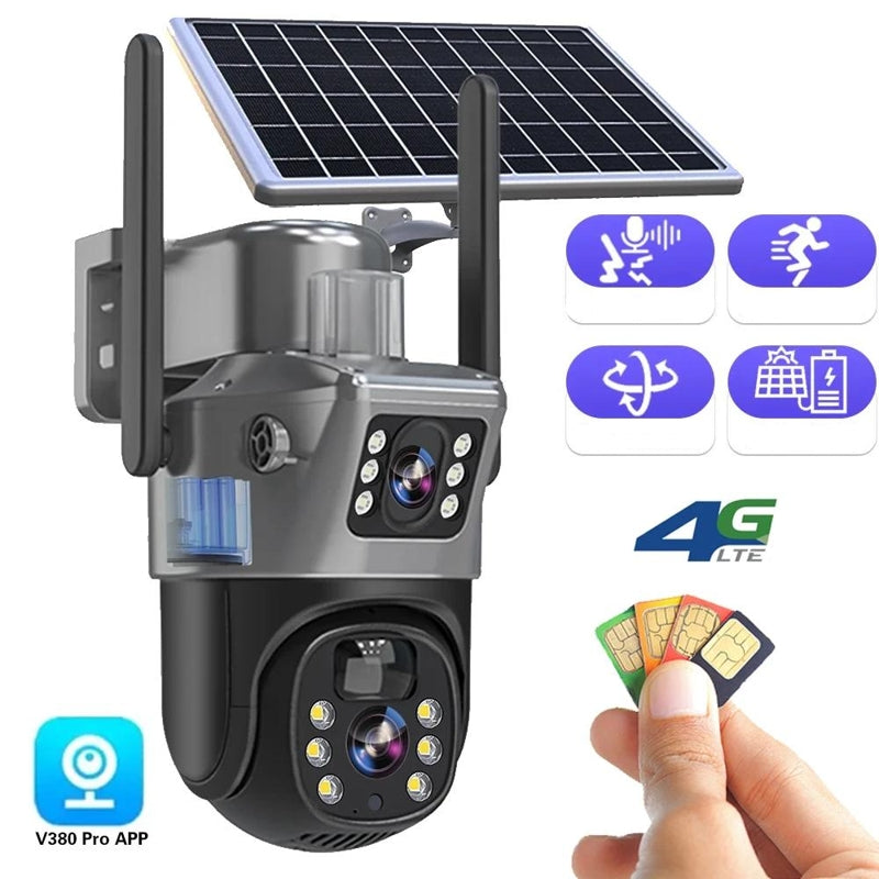 Telecamera di sicurezza 4K wireless con pannello solare, doppio obiettivo e design compatto per monitoraggio esterno.