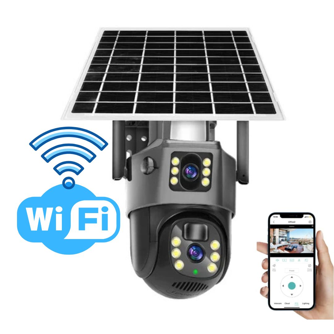Telecamera di sicurezza 4K wireless con pannello solare, doppio obiettivo e design compatto per monitoraggio esterno.