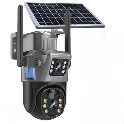 Telecamera di sicurezza 4K wireless, design elegante con pannello solare, obiettivo doppio e zoom 10x per immagini nitide.