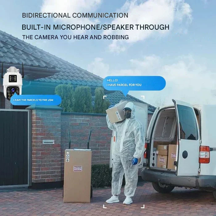 Telecamera di sicurezza 4K wireless, design elegante con pannello solare, obiettivo doppio e zoom 10x per immagini nitide.