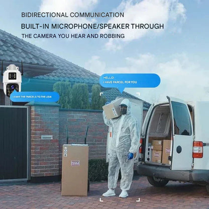 Telecamera di sicurezza 4K wireless, design elegante con pannello solare, obiettivo doppio e zoom 10x per immagini nitide.