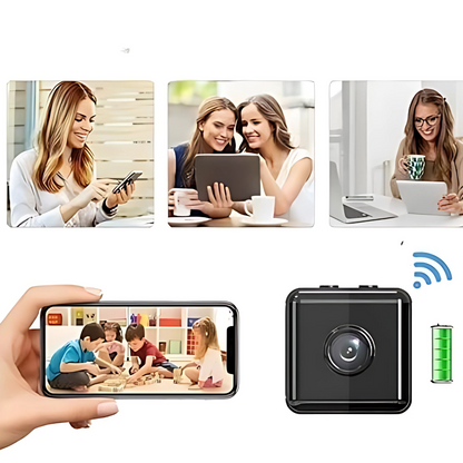 "Telecamera di sicurezza HD wireless bianca per interni, design compatto 30mm, video 1080P, controllabile via app mobile."