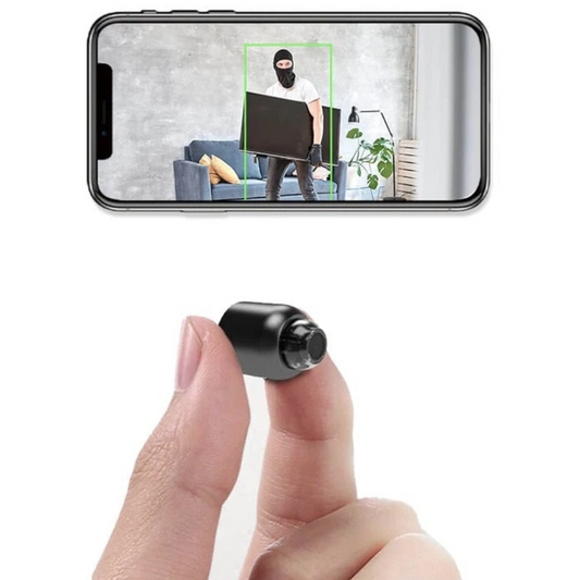 "Telecamera di sorveglianza WiFi compatta e robusta, visione notturna, design discreto, angolo ampio, notifiche movimento."