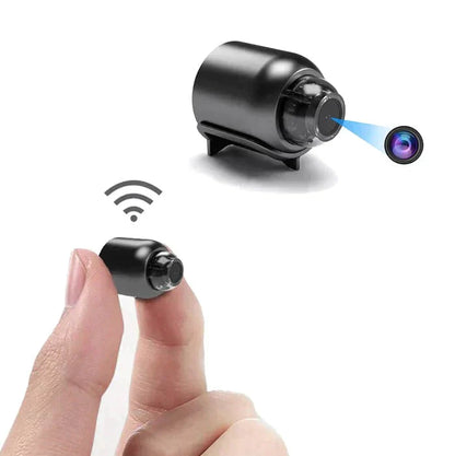 "Telecamera di sorveglianza WiFi compatta e robusta, visione notturna, design discreto, angolo ampio, notifiche movimento."