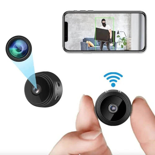 "Telecamera mini HD 1080P con Wi-Fi, design compatto, visione notturna con LED infrarossi, angolo di visione 150°"