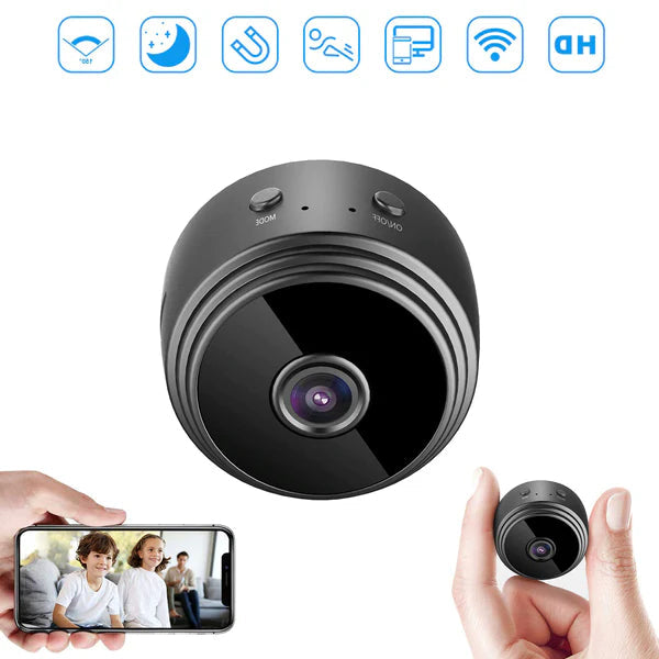"Telecamera mini HD 1080P con Wi-Fi, design compatto, visione notturna con LED infrarossi, angolo di visione 150°"