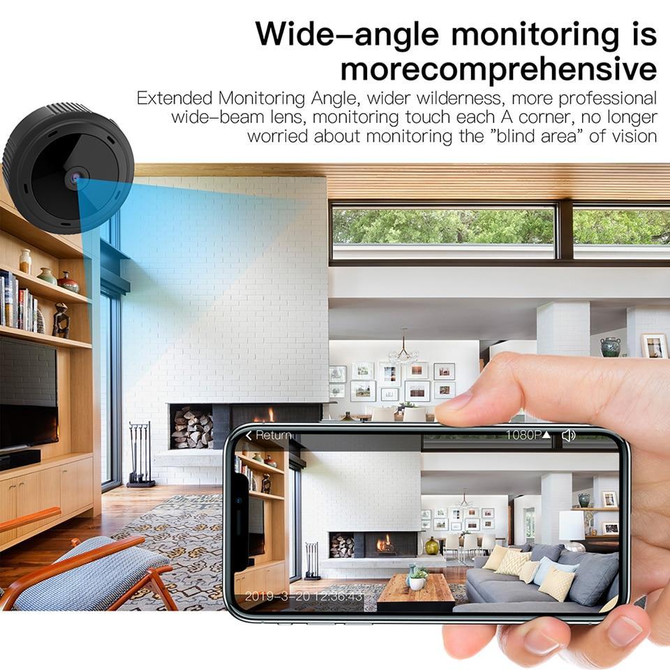 "Telecamera mini HD 1080P con Wi-Fi, design compatto, visione notturna con LED infrarossi, angolo di visione 150°"