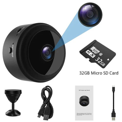"Telecamera mini HD 1080P con Wi-Fi, design compatto, visione notturna con LED infrarossi, angolo di visione 150°"
