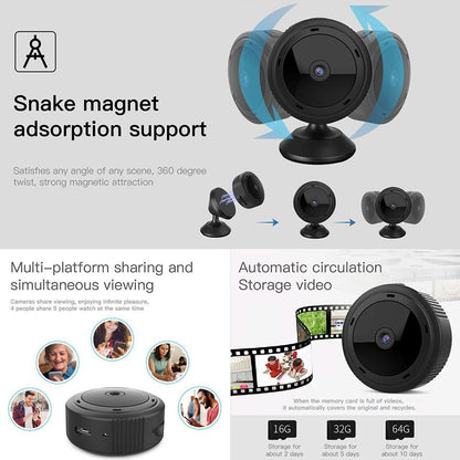 "Telecamera mini HD 1080P con Wi-Fi, design compatto, visione notturna con LED infrarossi, angolo di visione 150°"